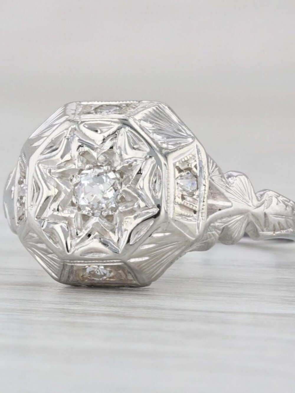 0.18ct Art Deco Diamond Star Ring 18k White Gold Size 7.25 Ornate Hand Finished
